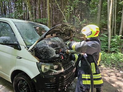Titelbild von Feuerwehr bei Brand eines Pritschenfahrzeugs auf der Klammhöhe im Einsatz