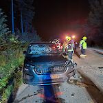 Unfall: Verunfalltes Auto mit Feuerwehreinsatz auf einer Straße im Wald bei Nacht.