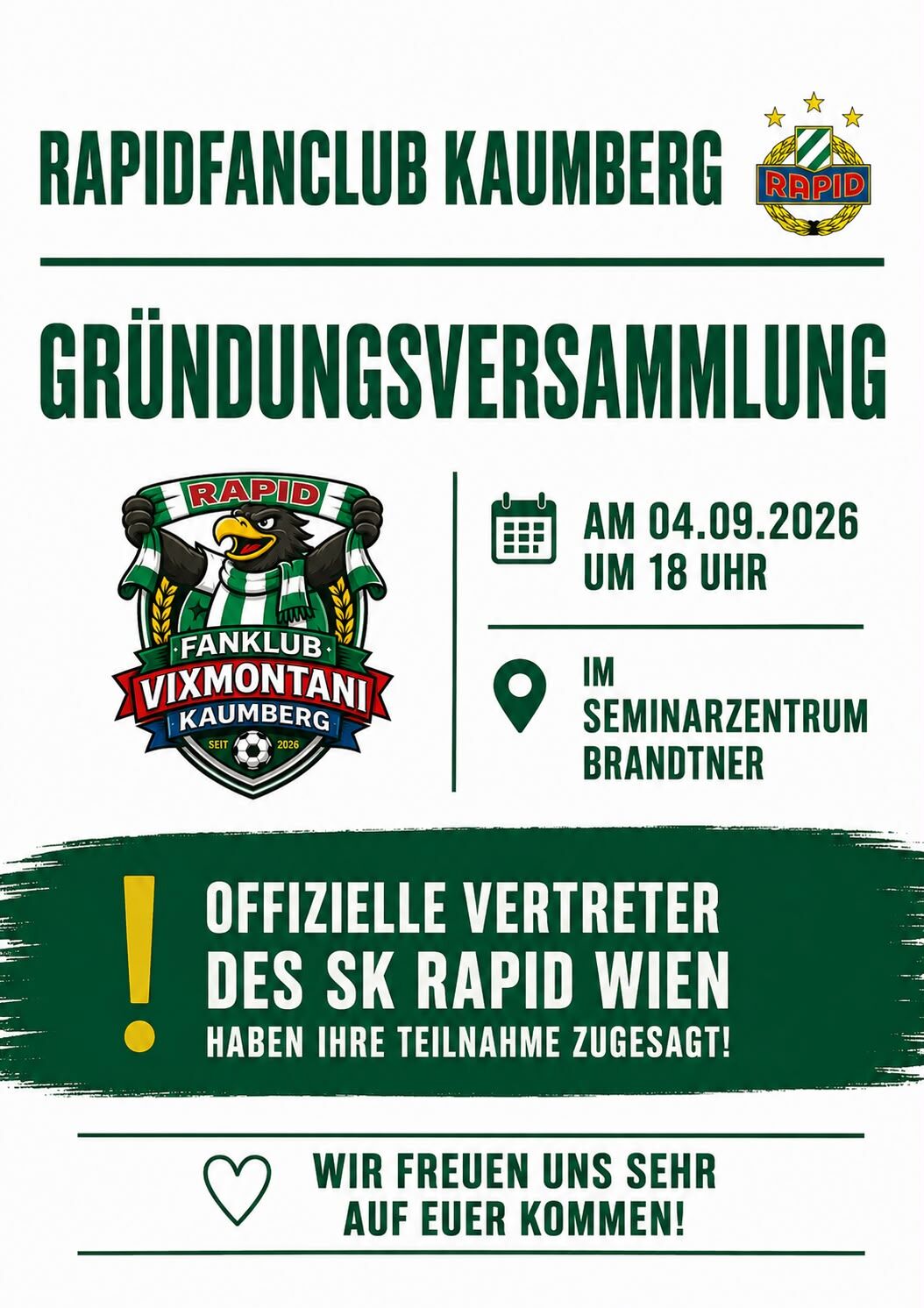 Rapidfanclub Kaumberg Gründung am 04.09.2026 um 18 Uhr im Seminarzentrum Brandtner